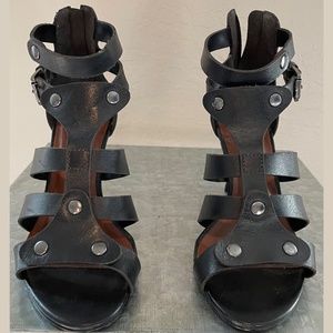 Black Leather Heel Sandals, Size 6